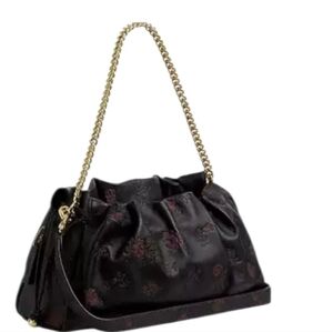 COACH Black Floral Shoulder Bag with Gold Chain